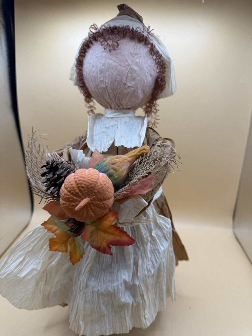 Handmade Crepe Paper Pilgrim Doll Harvest Thanksgiving Folk Art Soda Bottle 17”